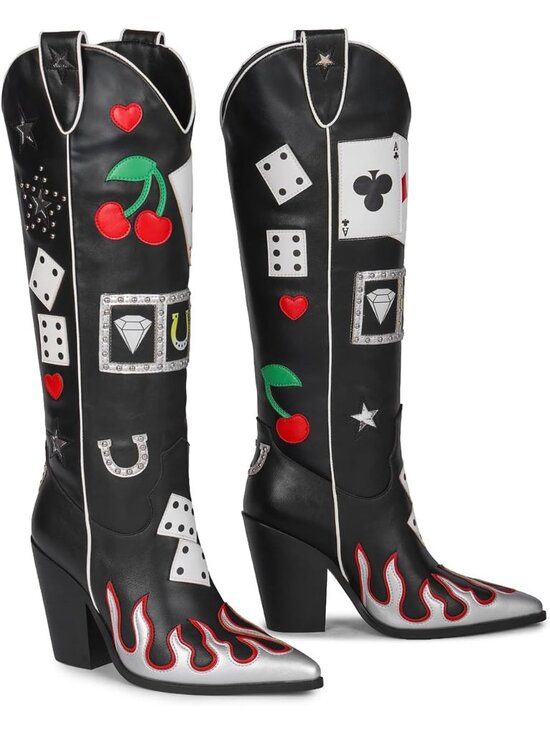 Shoes - Women's Black Multi Element Western Knee High Slip On Pointed Toe Cowgirl Boots